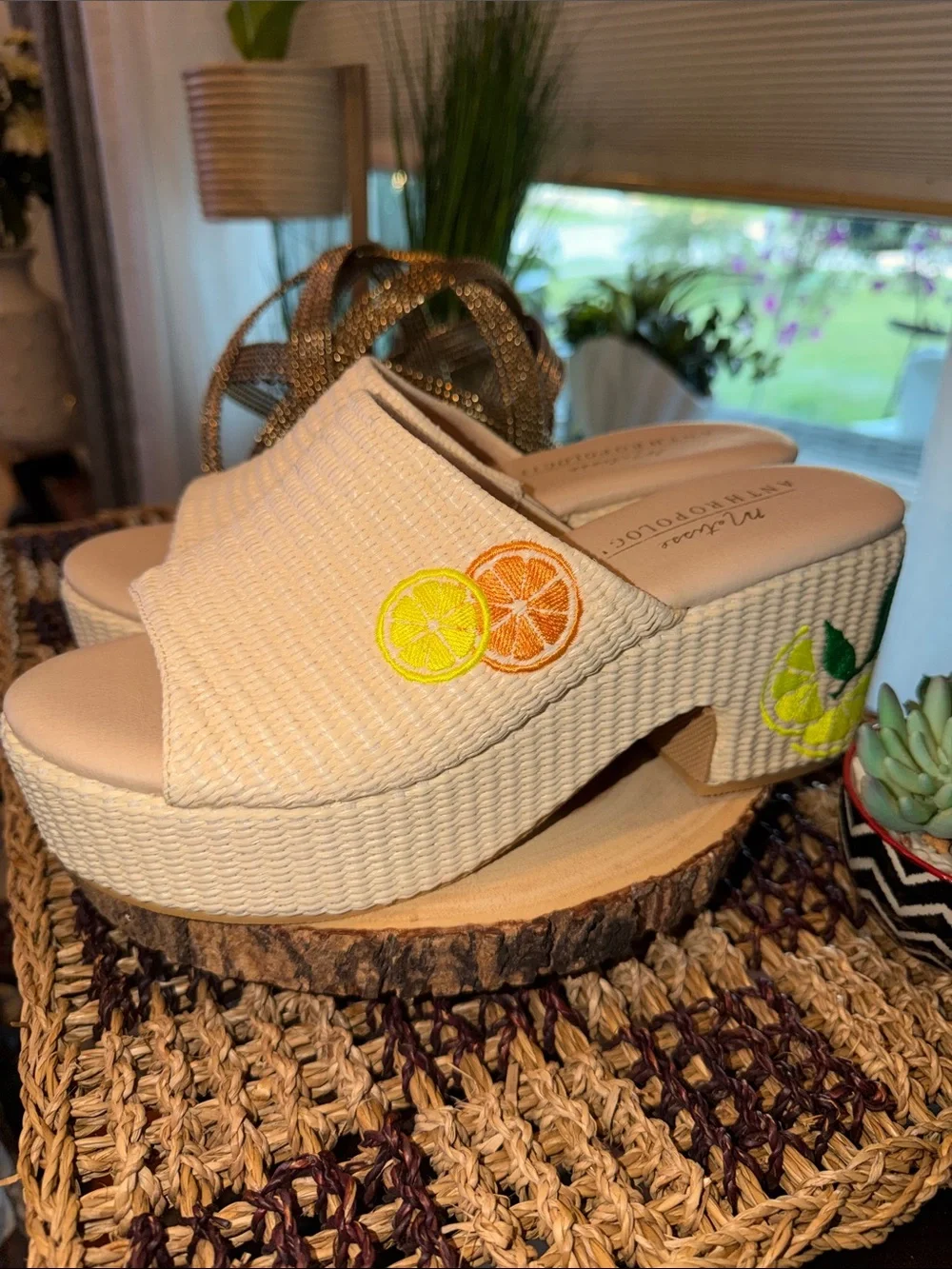 Matisse x Anthropologie Embroidered Citrus Raffia Platform Sandals Size 9 NEW